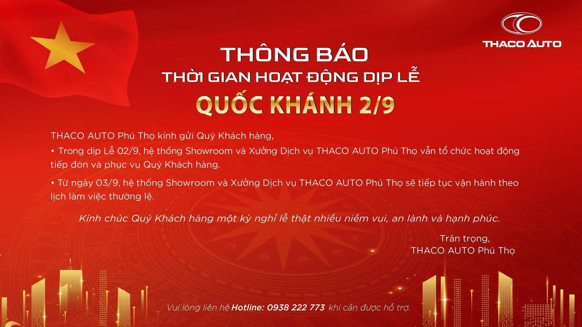 THÔNG BÁO THỜI GIAN HOẠT ĐỘNG DỊP LỄ QUỐC KHÁNH 2/9